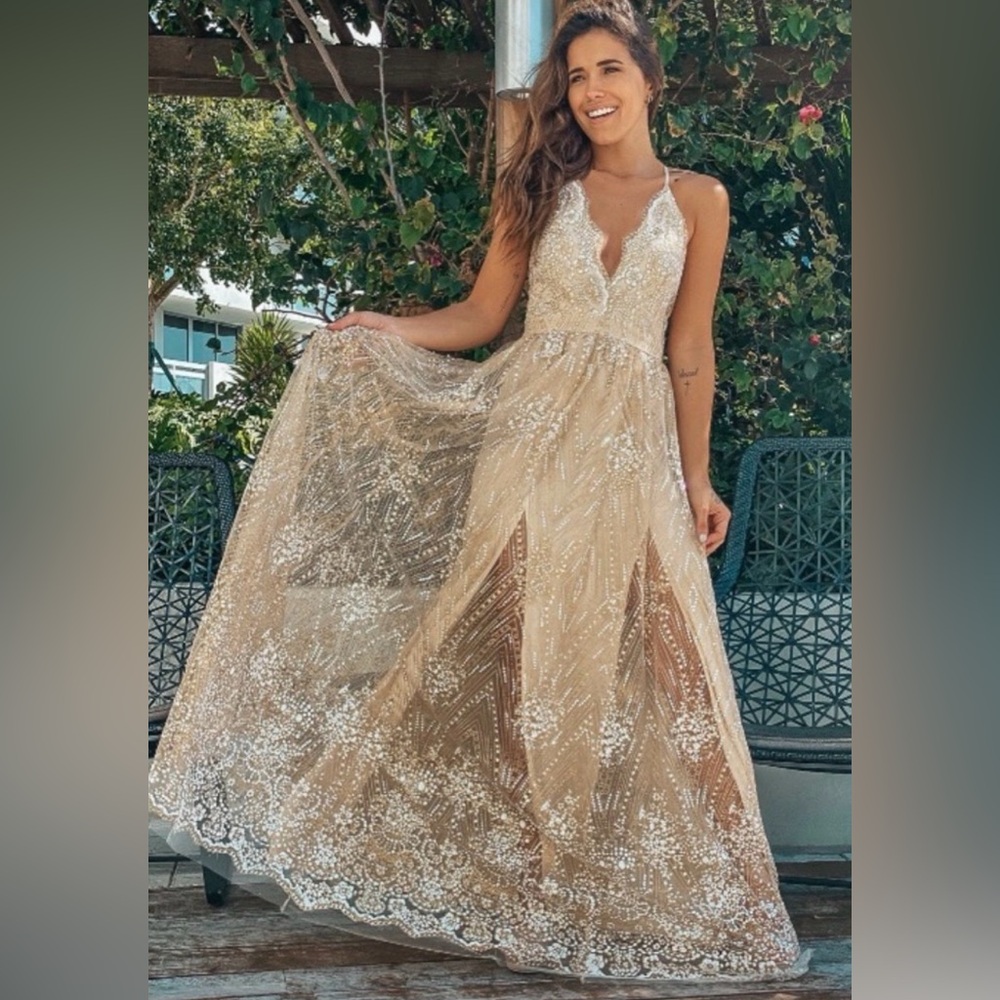 Gold Sequin V-Neck Evening Dress